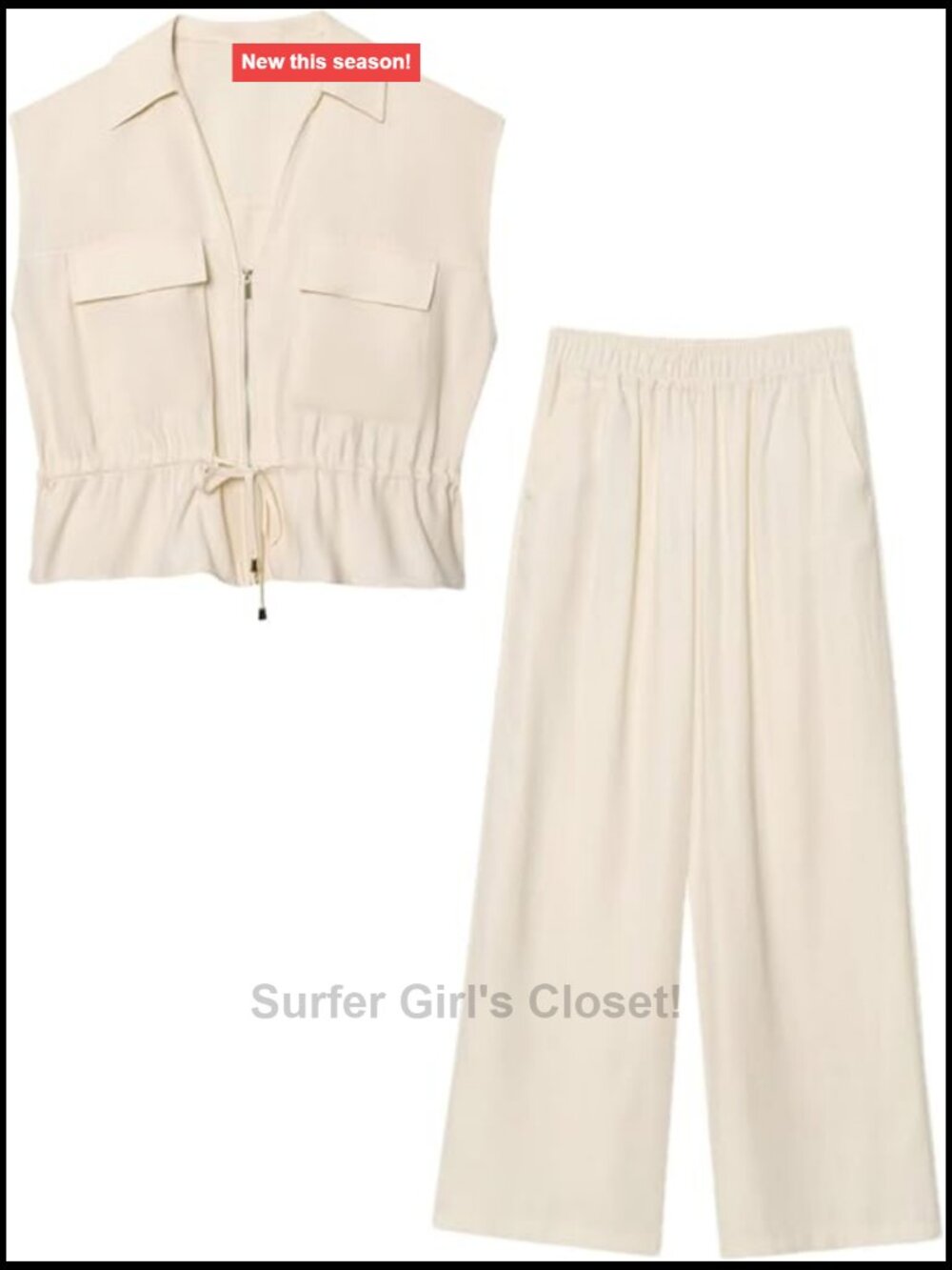 2 Piece Safari Set Sleeveless V-Neck Zip Romper Wide Leg Pants Drawstring Waist